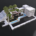 Architectural Model Featuring Green Roof Water Canal And White Geometric Structures
