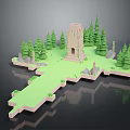 Cartoon Scene With Ancient Tower Green Grass And Tall Pine Trees 3d model