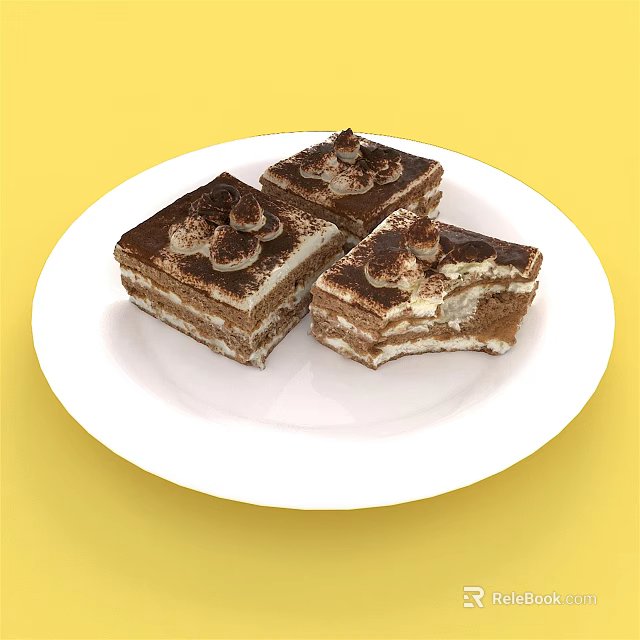 Delicious Layered Tiramisu Cakes With Cream Topping On White Plate Yellow Background 3d model 