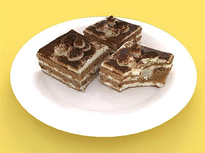 Delicious Layered Tiramisu Cakes With Cream Topping On White Plate Yellow Background 3d model
