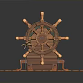 Nautical Watercraft Ship's Wheel Decorative Model On Wooden Planks With Green Accents