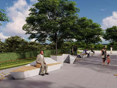 Modern Landscape Seats With Wooden Panels And Green Trees In Park Where People Relax 3d model