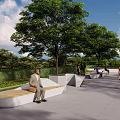 Modern Landscape Seats With Wooden Panels And Green Trees In Park Where People Relax