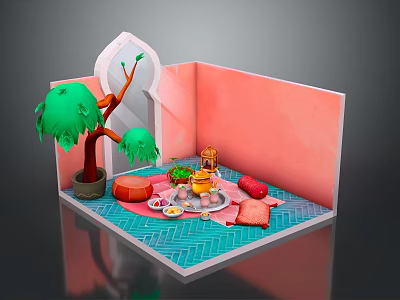 Cartoon Scene With Pink Walls Arched Doorway Potted Green Tree And Blue Tiled Floor 3d model