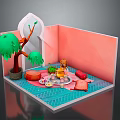 Cartoon Scene With Pink Walls Arched Doorway Potted Green Tree And Blue Tiled Floor