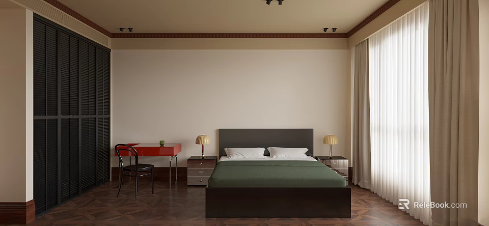 Comfortable Bedroom Interior With Green Bedspread Wooden Flooring And Curtains 3d model 