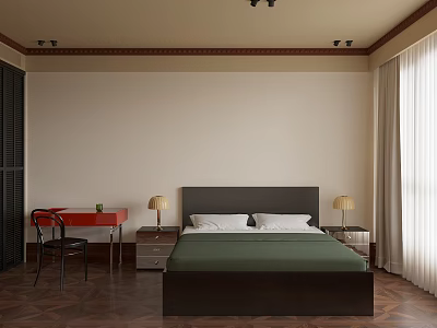 Comfortable Bedroom Interior With Green Bedspread Wooden Flooring And Curtains 3d model