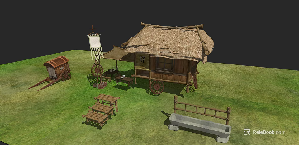 Thatched Cottage With Wooden Cart Bench And Tables On Green Grass 3d model 