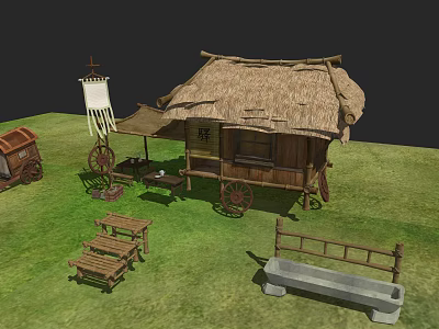 Thatched Cottage With Wooden Cart Bench And Tables On Green Grass 3d model