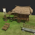 Thatched Cottage With Wooden Cart Bench And Tables On Green Grass