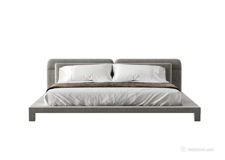 Modern Double Bed With Gray Headboard And White Bedding Design 3d model