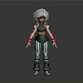 3D Character Model With White Feather Hair Green Top Striped Pants And Red Arm Bands