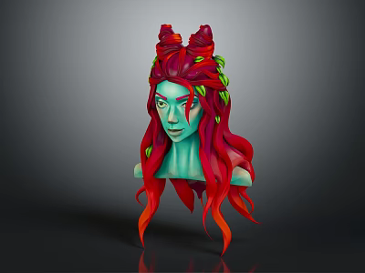 Mythical Fantasy Character With Horned Head Green Skin Red Orange Hair And Leaf Decorations 3d model