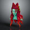 Mythical Fantasy Character With Horned Head Green Skin Red Orange Hair And Leaf Decorations