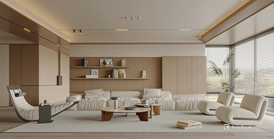 Modern Living Room Interior With Beige Sofa Coffee Table And Bookshelves 3d model 