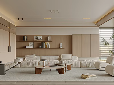 Modern Living Room Interior With Beige Sofa Coffee Table And Bookshelves 3d model