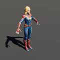 Woman In Superhero Uniform With Blue Red And Gold Accents Standing With Arms Outstretched