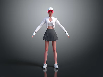 3D Character Creature In White Top Gray Pleated Skirt With Red Sunglasses And White Cap 3d model