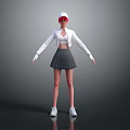 3D Character Creature In White Top Gray Pleated Skirt With Red Sunglasses And White Cap