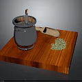 Silver Kitchen Mortar With Pestle Wooden Spoon And Green Herbs On Red Wooden Board