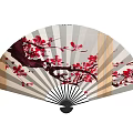Decorative Ornament Set Featuring Traditional Chinese Fan With Red Plum Blossom And Golden Accents