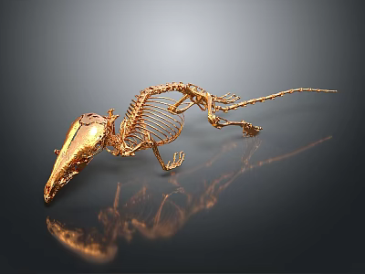 Golden Mouse Skeleton Display With Detailed Structure On Black Background And Reflection 3d model