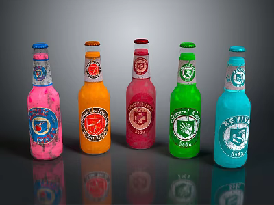 Colorful Glass Bottles Display With Pink Orange Red Green Blue Labels And Logos 3d model