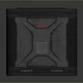 Cube Shaped Household Item With Gray And Black Textured Exterior And Red Logo Design
