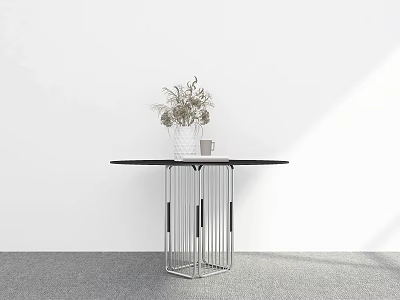 Dining Table with Black Tabletop Silver Metal Frame White Vase Dried Flowers and Small Cup 3d model