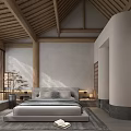 Modern Bedroom Interior With Wooden Ceiling Blinds TV And Gray Bedding