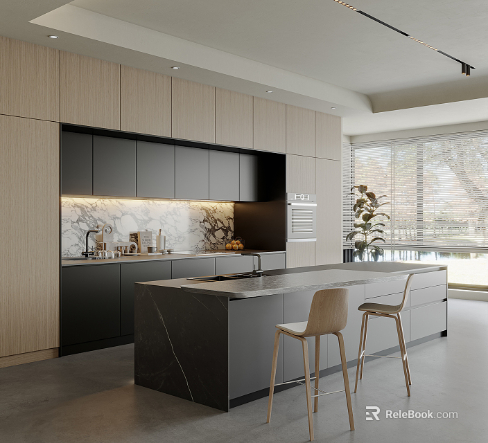 Modern Kitchen Interior With Black Light Wood Cabinets Marble Island Bar Stools And Large Windows 3d model 