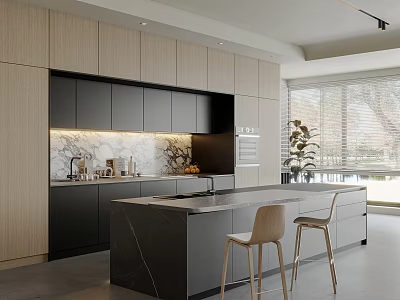 Modern Kitchen Interior With Black Light Wood Cabinets Marble Island Bar Stools And Large Windows 3d model