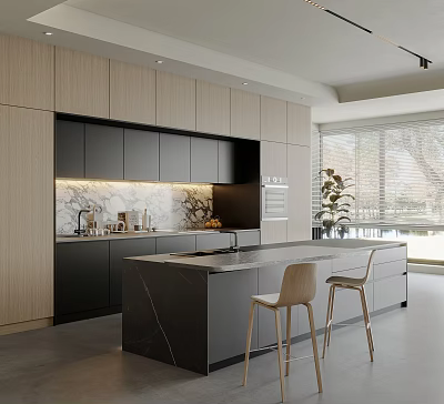 Modern Kitchen Interior With Black Light Wood Cabinets Marble Island Bar Stools And Large Windows 3d model