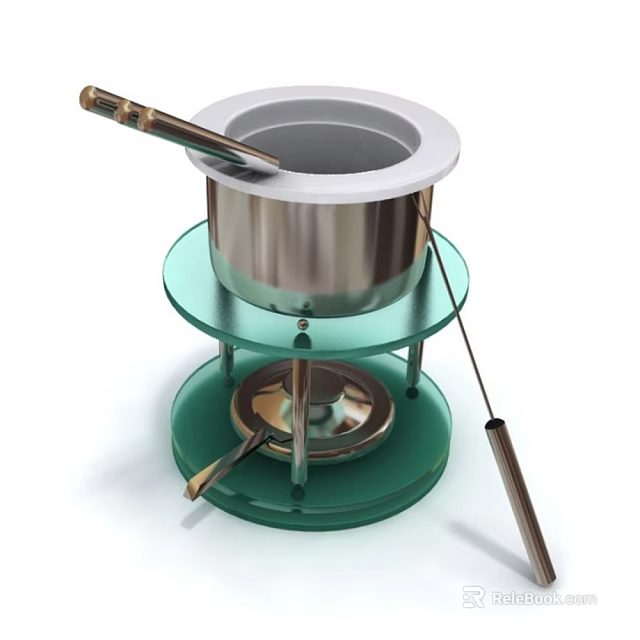 Stainless Steel Hot Pot Kitchen Appliance With Double Layer Green Glass Stand And Metal Tool 3d model 