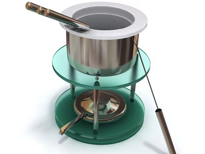Stainless Steel Hot Pot Kitchen Appliance With Double Layer Green Glass Stand And Metal Tool 3d model