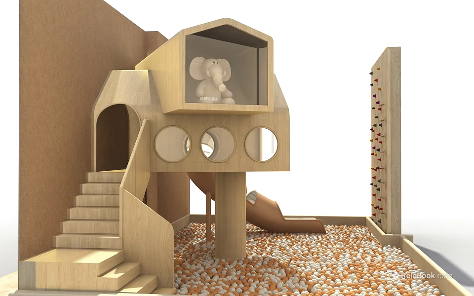 Wooden Kids Play Structure With Playhouse Elephant Toy Slide Stairs Climbing Wall And Colorful Balls 3d model 