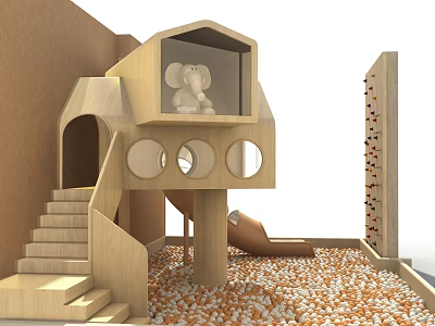 Wooden Kids Play Structure With Playhouse Elephant Toy Slide Stairs Climbing Wall And Colorful Balls 3d model