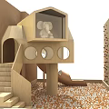 Wooden Kids Play Structure With Playhouse Elephant Toy Slide Stairs Climbing Wall And Colorful Balls