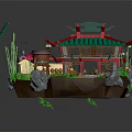 Cartoon Style Chinese Traditional Building Scene with Green Roof Red Decorations Bamboo Rocks and Plants