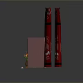 Theatrical Stage Setup With Red Curtains Repeating Patterns Wooden Platform And Speakers