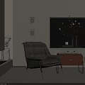 Gray Upholstered Accent Chair Metal Legs In Modern Interior With Side Table And Branch Vase