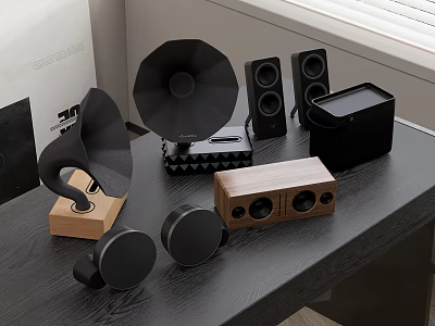 Modern Headphones and Speakers Collection with Gramophone Black Wooden Speakers on Table 3d model