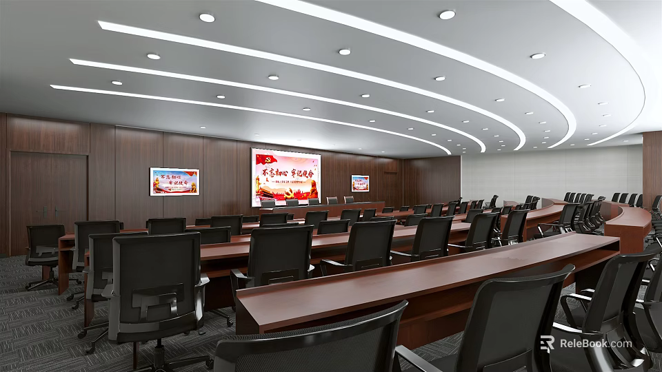 Modern Conference Room Interior With Wooden Walls Projection Screen And Comfortable Chairs 3d model 