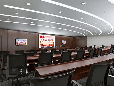 Modern Conference Room Interior With Wooden Walls Projection Screen And Comfortable Chairs 3d model