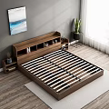Modern Double Bed with Wooden Headboard Storage Beige Bedding Abstract Painting Potted Plant and Floor