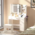 Bedroom Interior Design With White Dressing Table Mirror Stool Green Bedding And Window Curtains 3d model