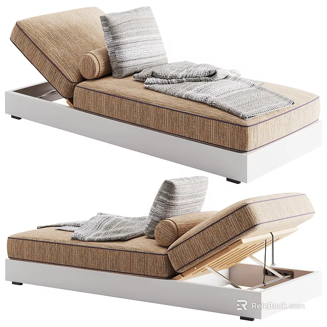 Modern Beige Fabric Lounge Chair With Adjustable Backrest Gray Cushion Throw Blanket And White Base 3d model 