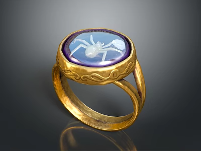 Ornate Gold Ring With Purple Gemstone Featuring Spider Design And Carvings 3d model