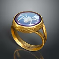 Ornate Gold Ring With Purple Gemstone Featuring Spider Design And Carvings