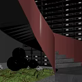 Modern Interior With Red Staircase Black Walls Decorative Spheres Green Grass And Pebbles